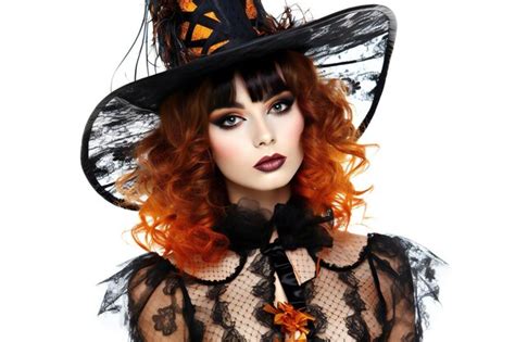 Premium Photo Beautiful Redhead Witch In Black Dress And Hat Halloween