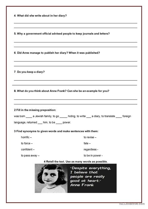 Anne Frank And Her Diary Reading For English Esl Worksheets Pdf And Doc