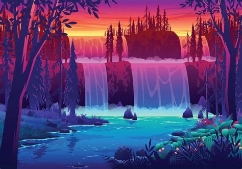 Sunset Waterfall Landscape Illustration 2966809 Vector Art At Vecteezy