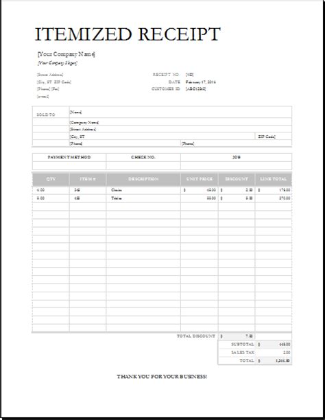 Itemized Receipt Template 11 Free Printable Word Excel And Pdf Formats