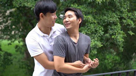 Asian Gay Couple Happy Outdoor Stock Image Colourbox