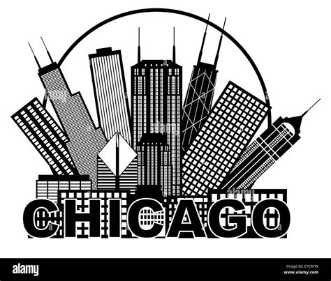 Chicago City Skyline Panorama Black Outline Silhouette In Circle With