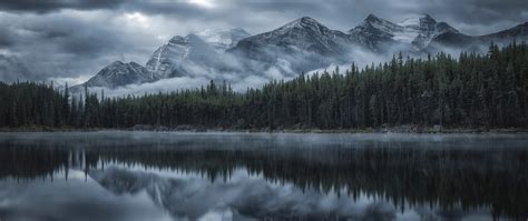 2560x1080 Resolution Reflection Of Cloud And Mountains In Forest Lake