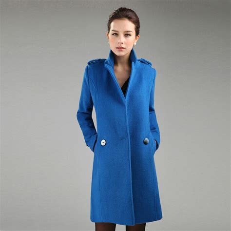 Fall New Style Womens Blue Woolen Overcoat Female Elegant Cashmere