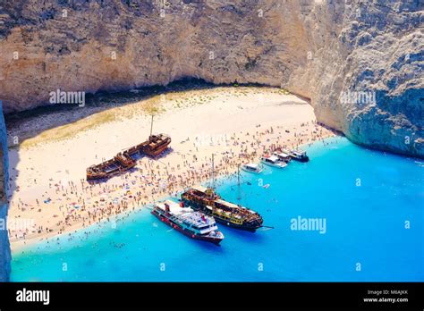 Boats Anchored At Navagio Beach Zakynthos Famous Shipwreck On The