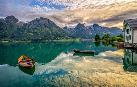 Wallpaper Mountains Lake Boats Norway Norway Oppstrynsvatn Lake