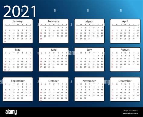 2021 Calendar Week Starts Sunday Vector Illustration Flat Design
