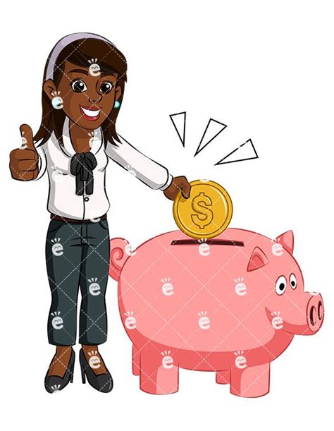 Black Woman Saving Money In Piggy Bank Vector Cartoon Clipart