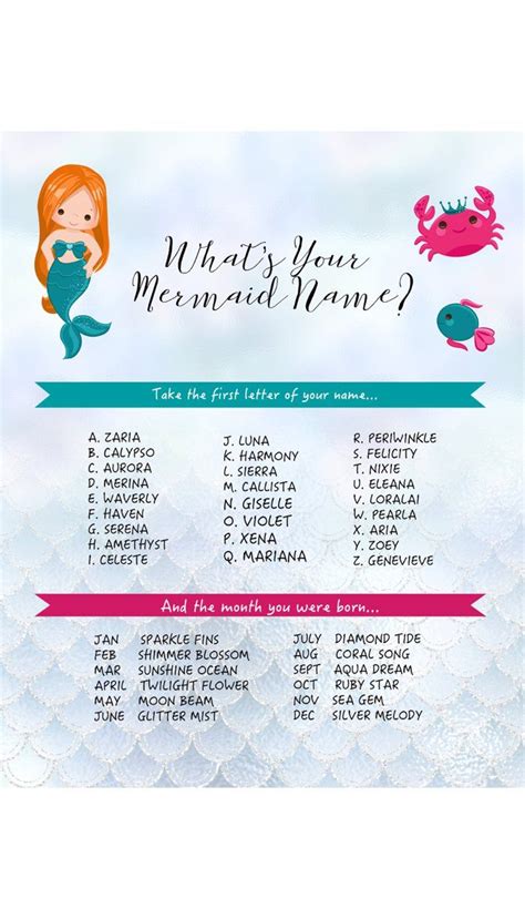 Whats Your Mermaid Name Game Printable Zaria Aqua Blue Mermaid