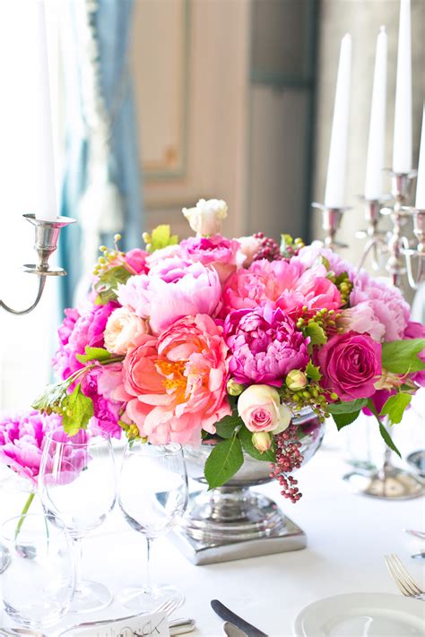 Pink Purple And Cream Rose And Peony Reception Centerpiece In Silver