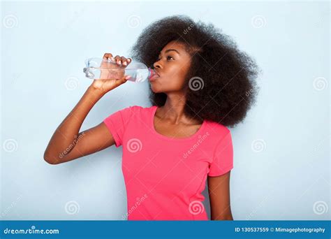 Close Up Young Black Woman Drinking Bottle Of Water Stock Image Image