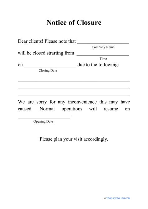 Notice Of Closure Template Fill Out Sign Online And Download Pdf