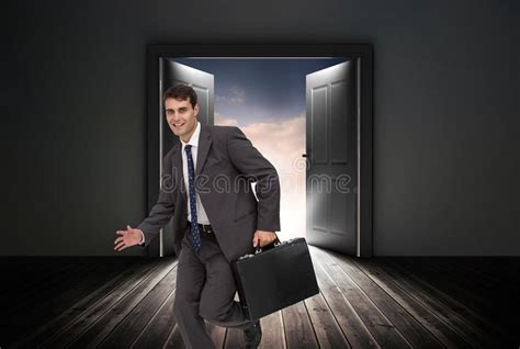 Smiling Businessman In A Hurry Stock Image Image Of Sunny Showing