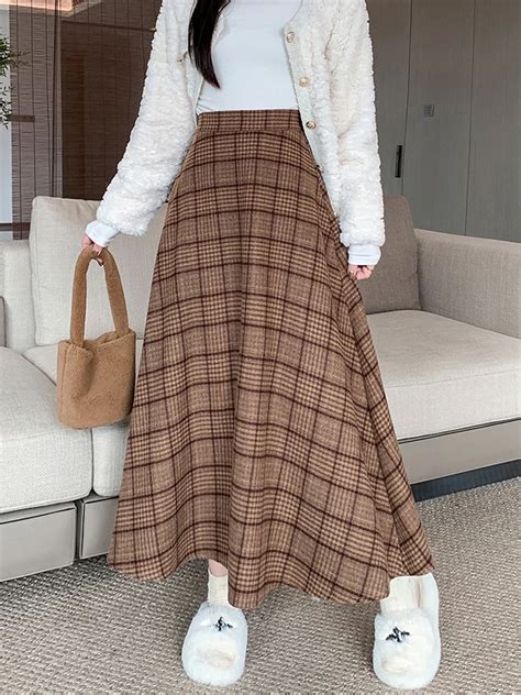 TIGENA Vintage Plaid Ankle Length Woolen Skirt For Women 2023 Autumn