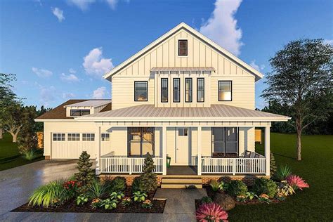 2 Story Modern Farmhouse Plan With Front Porch And Rear Covered Patio