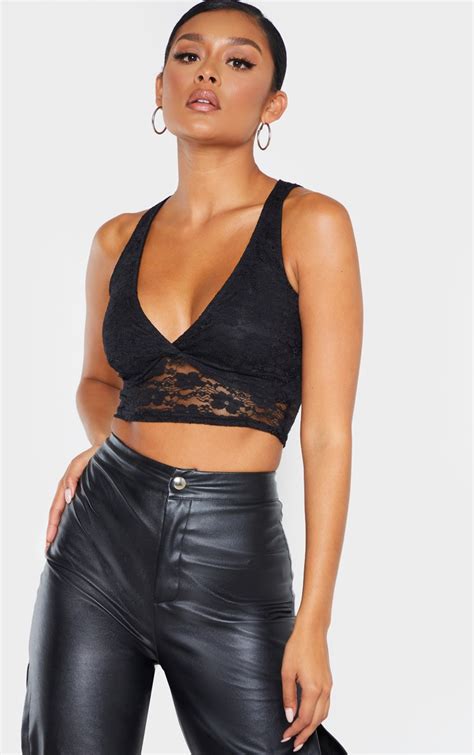 Black Lace V Neck Crop Top Tops Prettylittlething Usa