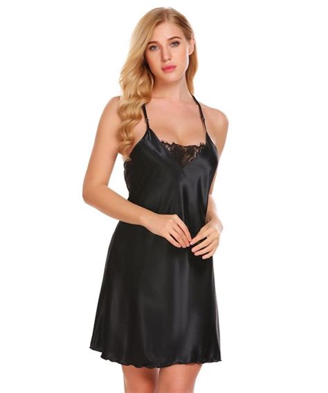 Women Sexy Sleepwear V Neck Lace Patchwork Slip Satin Chemise Nightgown Black C2188huio8u