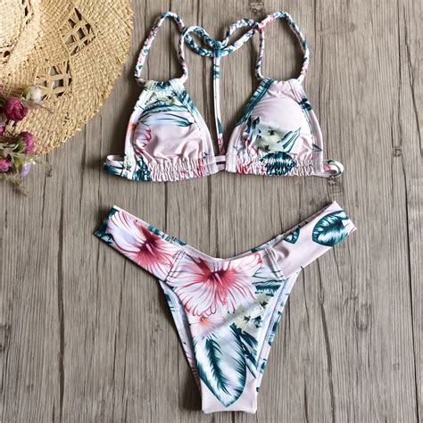2018 Women Bandage Thong Brazilian Bikinis Swimwear Female Sexy Pink Bandeau Push Up Swimsuit