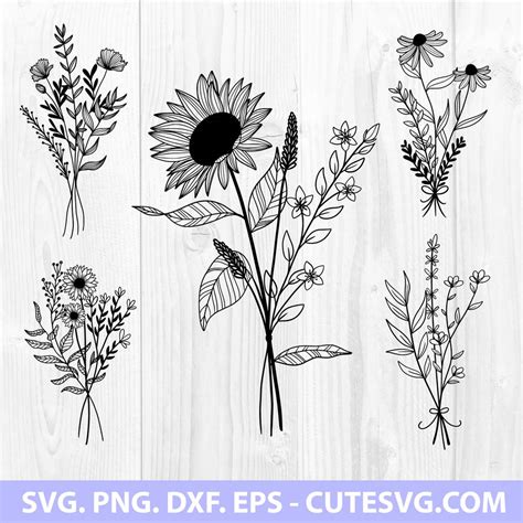 Hand Drawn Wildflowers Flowers Svg Floral Svg D Hand Drawn Svg Rose