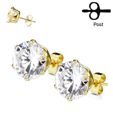 Gold Ip Plated Surgical Stainless Steel Stud Earring With Round Clear