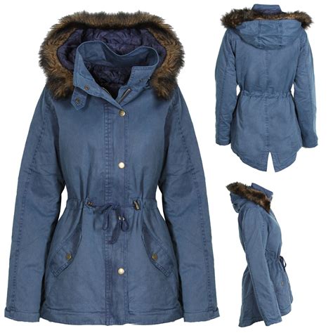 New Womens Blue Parka Winter Coat Jacket Warm Fur Trim Detachable Hood