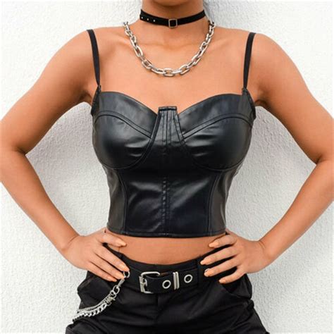 Sexy Pu Leather Camisole Femme Night Clubwear Ladies Streetwear Crop Top Chic Ring Straps