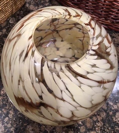 Hand Blown Art Glass Sphere Vase Cream And Brown Colors Spatter Design