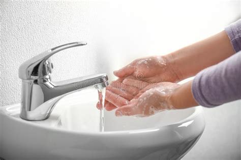 Woman Washing Hands In Bathroom Stock Image Image Of Healthy