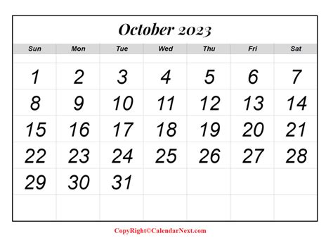 October 2023 Calendar Printable Calendar Next