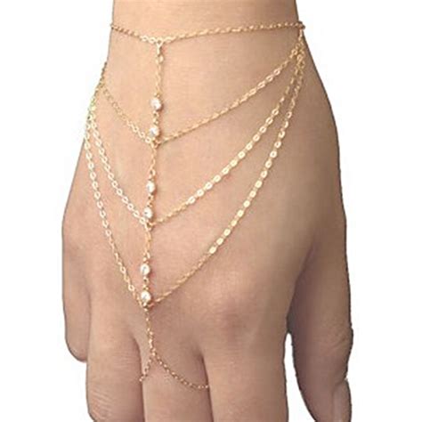 Gold Multi Layer Chain Tassel Womens Bracelet Bangle With Finger Ring