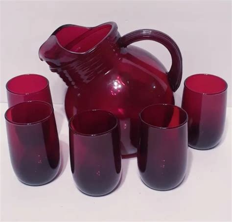 Vintage Anchor Hocking Ball Tilt Royal Ruby Red Glass Juice Pitcher 5 Tumblers 39 99 Picclick