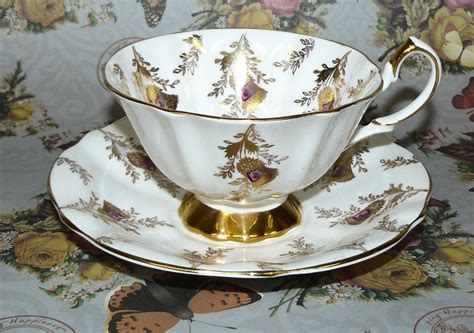 Queen Anne Heavy Gold Scottish Thistle Fancy Tea Cup And Saucer Tee