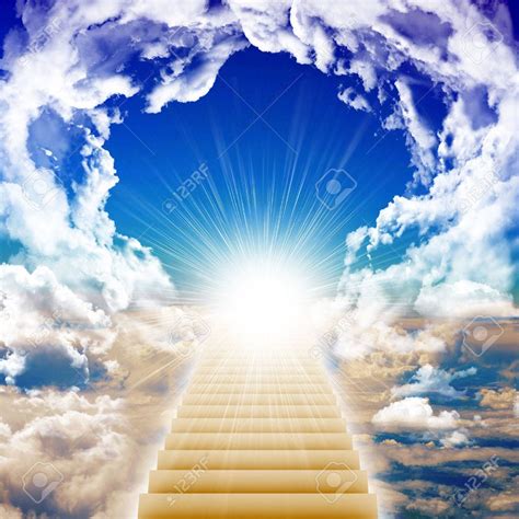 Stairway Leading Up To Bright Light With Clouds Heaven Concept Stock