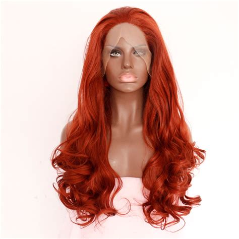 Handmade Long Copper Red Wave Synthetic Lace Front Wig