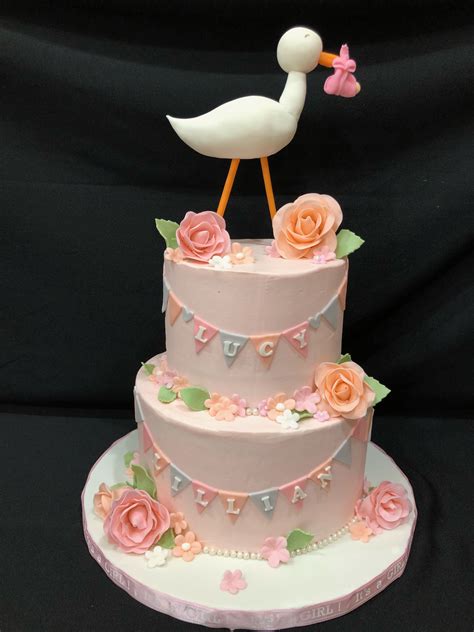 Baby Shower Cake With Stork And Flowers