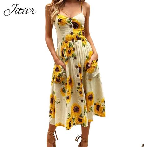 Jitivr Summer Dress Sexy Strapless Button Backless Dress Female Sunflower And Pineapple Pattern