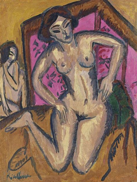 Ernst Ludwig Kirchner Naked On His Knees Before A Red Folding