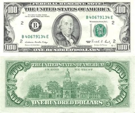 100 Dollars Federal Reserve Note Small Portrait United States