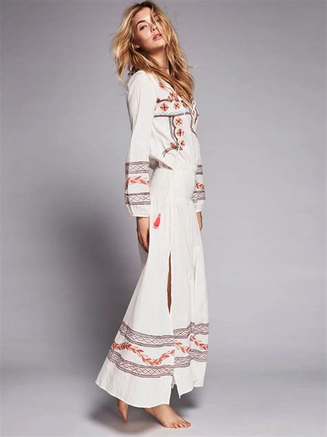 Embroidered Boho Maxi Dress Mystical White With Colorful Embroidery
