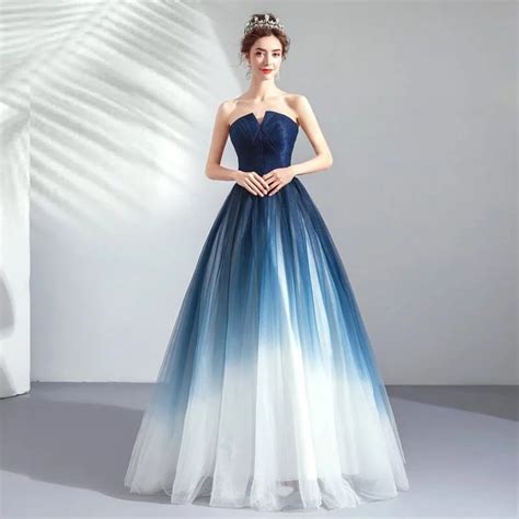 Strapless Prom Dress Long Blue And White Ball Gown