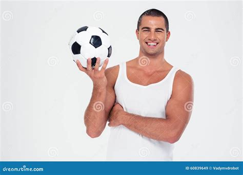 Happy Man Holding Soccer Ball Stock Image Image Of White Ball 60839649