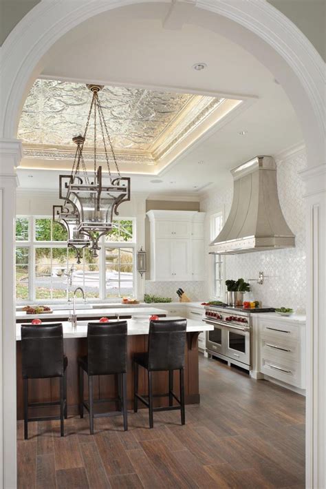 White Transitional Kitchen With Stunning Tin Tile Ceiling Kitchen