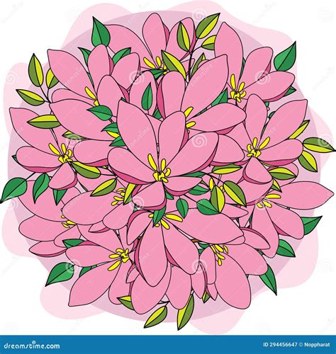 Illustration Of The Pink Flower With Leaves On Soft Pink Background