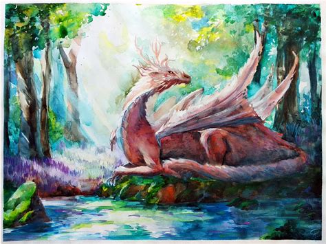Dragon Painting Original Watercolor Forest Artwork Fantasy Art Etsy