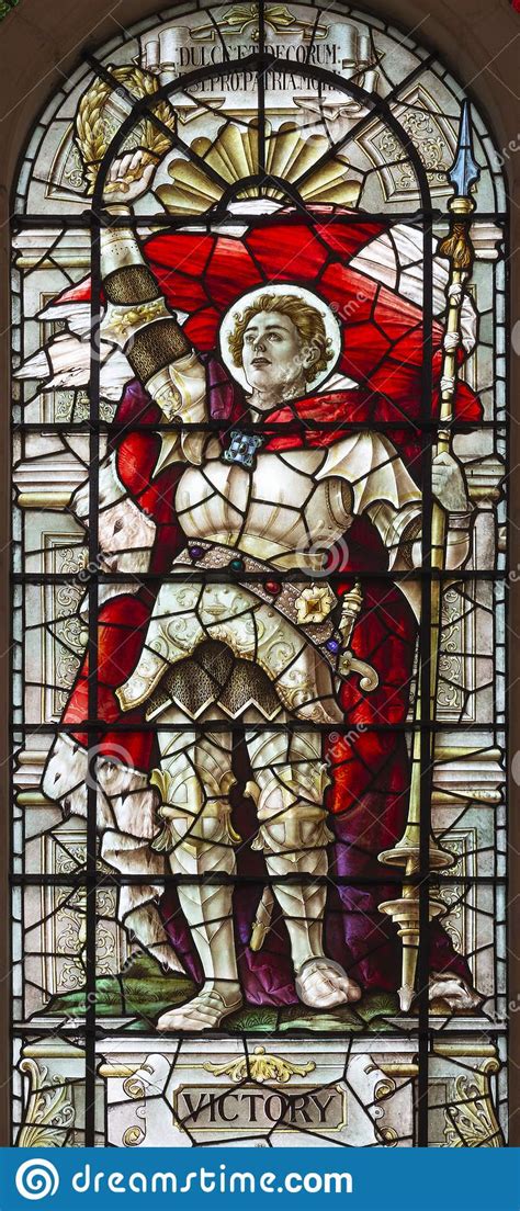 london great britain september 14 2017 the symbolic kinght victory on the stained glass in