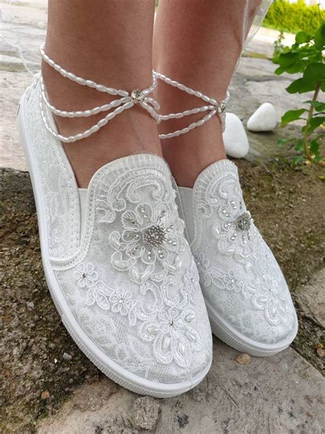 French Lace Bride Shoes Flat Wedding Shoes Pearls Rhinestone Etsy