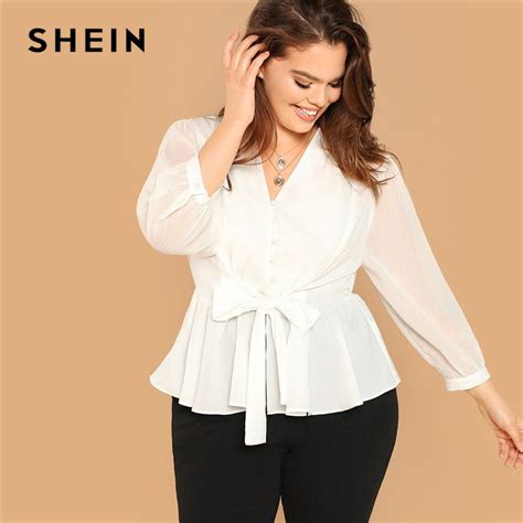 buy shein white plus size button front belted peplum ruffle hem top long sleeve
