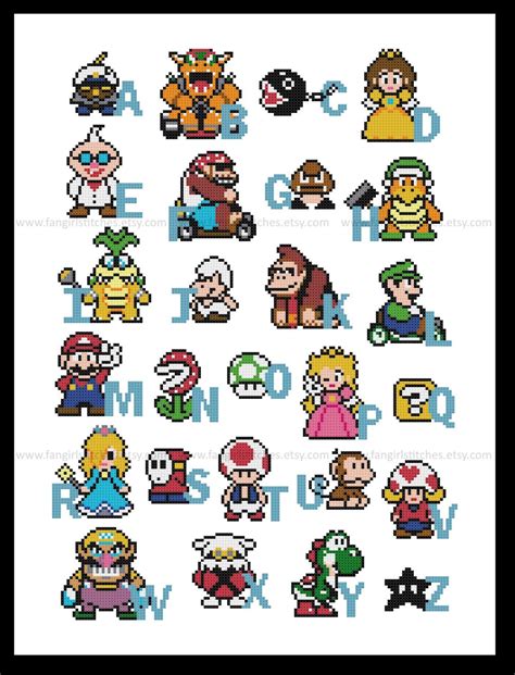 Mario Brothers Inspired Character Alphabet Cross Stitch Pattern