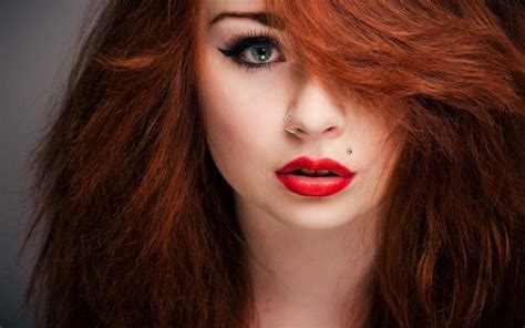 Women Redhead Blue Eyes Piercing Red Lipstick Nose Rings Face