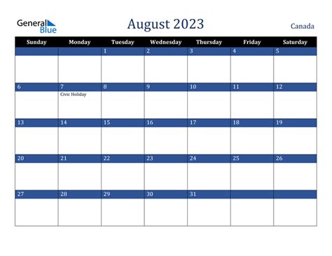 August 2023 Calendar With Canada Holidays